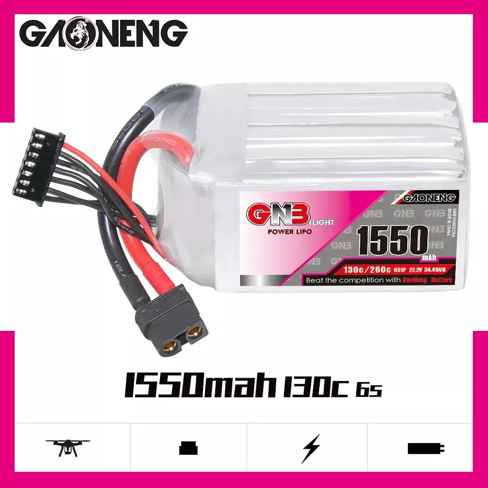 GNB 1550mAh 22.2v 6S 130C - XT60 Lipo Battery With Plastic Plate 4 GNB 1550mAh 22.2v 6S 130C - XT60 Lipo Battery With Plastic Plate - Image 4